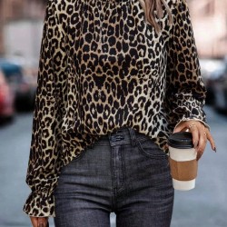 Kadın Uzun Kollu Gipe Detaylı Balıkçı Yaka Leopar Desenli Süprem Bluz, 30493