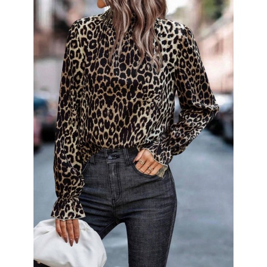 Kadın Uzun Kollu Gipe Detaylı Balıkçı Yaka Leopar Desenli Süprem Bluz, 30493
