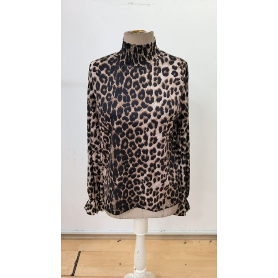 Kadın Uzun Kollu Gipe Detaylı Balıkçı Yaka Leopar Desenli Süprem Bluz, 30493
