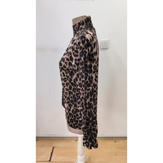Kadın Uzun Kollu Gipe Detaylı Balıkçı Yaka Leopar Desenli Süprem Bluz, 30493