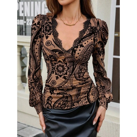 Kadın Uzun Kollu V Dantel Yakalı Modal Bluz, 30489