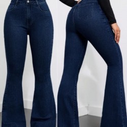 Kadın Yüksek Bel Cepli İspanyol Paçalı Kot Pantolon, 30488