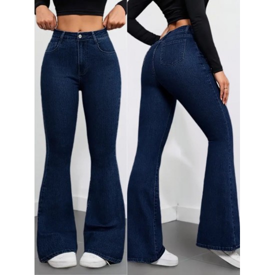 Kadın Yüksek Bel Cepli İspanyol Paçalı Kot Pantolon, 30488