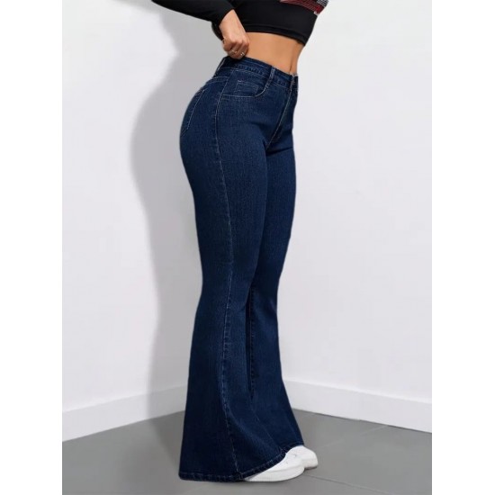 Kadın Yüksek Bel Cepli İspanyol Paçalı Kot Pantolon, 30488