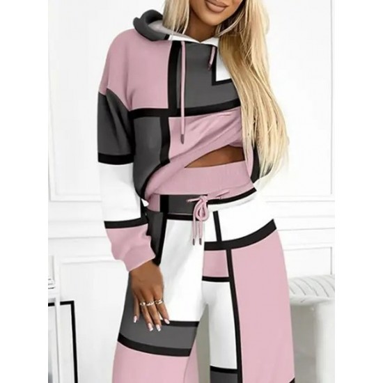 Kadın Uzun Kollu Kapşonlu Bağcıklı Desenli Iki Iplik Bluz Ve Pantolon Ikili Takım , 30501