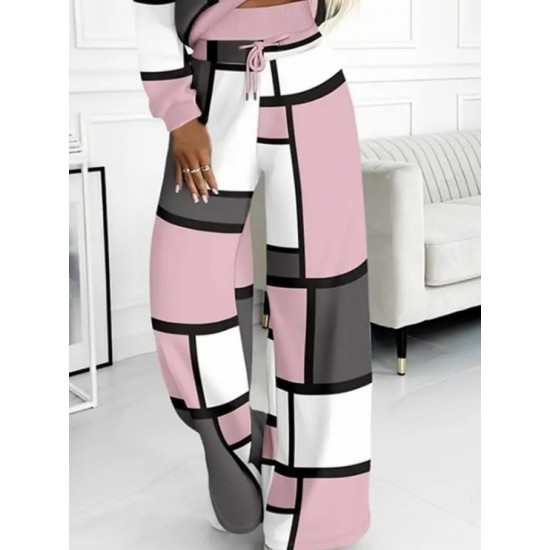 Kadın Uzun Kollu Kapşonlu Bağcıklı Desenli Iki Iplik Bluz Ve Pantolon Ikili Takım , 30501