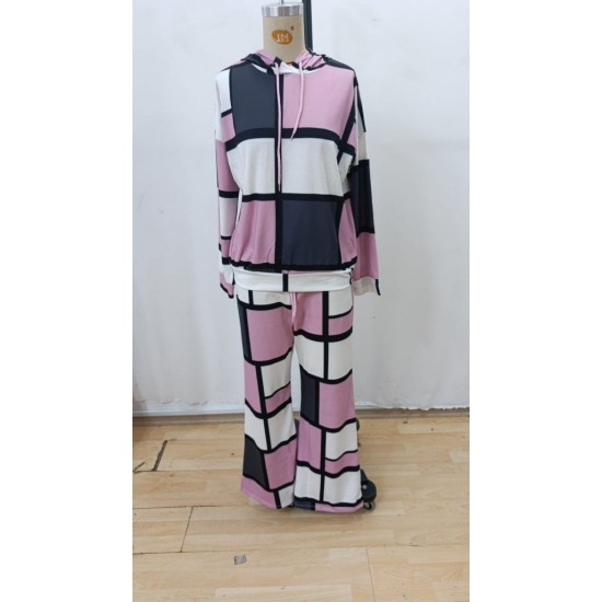 Kadın Uzun Kollu Kapşonlu Bağcıklı Desenli Iki Iplik Bluz Ve Pantolon Ikili Takım , 30501