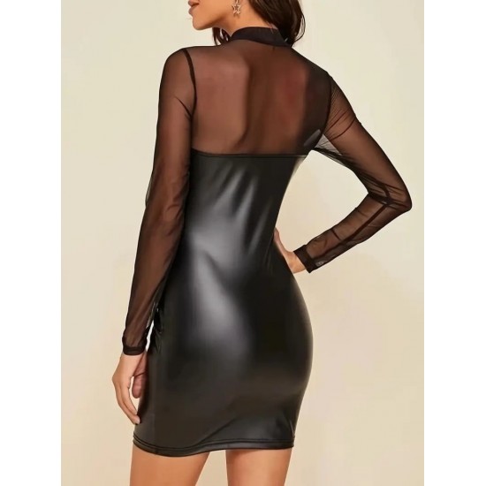 Kadın Uzun Kollu Balıkçı Yaka Tül Detaylı Mini Deri Elbise , 29907 Kadın Uzun Kollu Balıkçı Yaka Tül Detaylı Mini Deri Elbise , 29907