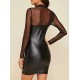 Kadın Uzun Kollu Balıkçı Yaka Tül Detaylı Mini Deri Elbise , 29907 Kadın Uzun Kollu Balıkçı Yaka Tül Detaylı Mini Deri Elbise , 29907