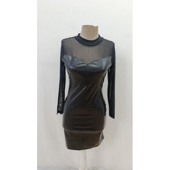 Kadın Uzun Kollu Balıkçı Yaka Tül Detaylı Mini Deri Elbise , 29907 Kadın Uzun Kollu Balıkçı Yaka Tül Detaylı Mini Deri Elbise , 29907