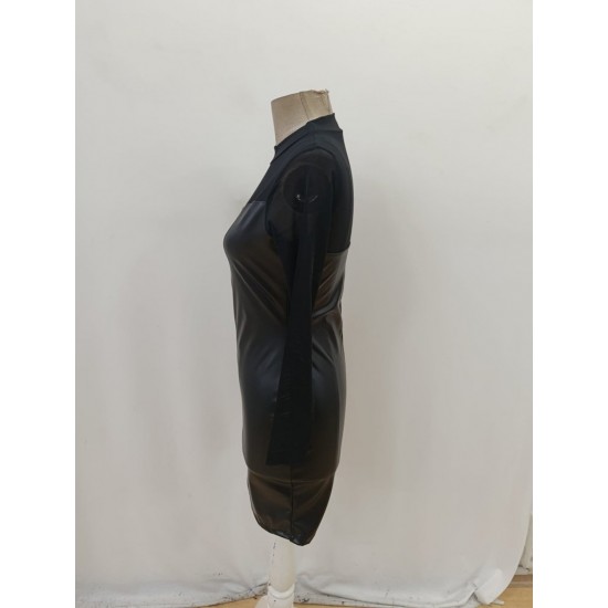 Kadın Uzun Kollu Balıkçı Yaka Tül Detaylı Mini Deri Elbise , 29907 Kadın Uzun Kollu Balıkçı Yaka Tül Detaylı Mini Deri Elbise , 29907