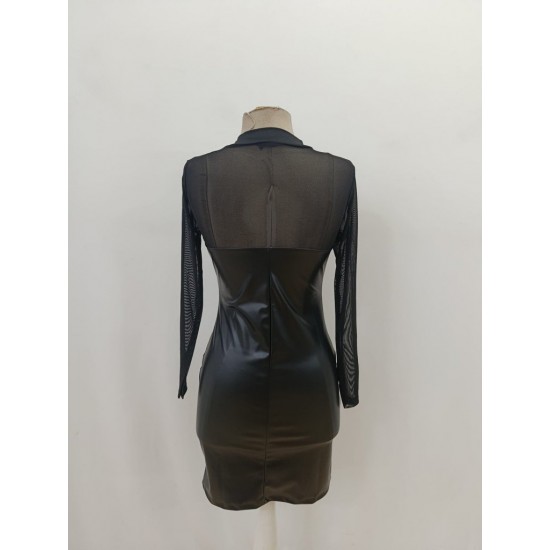 Kadın Uzun Kollu Balıkçı Yaka Tül Detaylı Mini Deri Elbise , 29907 Kadın Uzun Kollu Balıkçı Yaka Tül Detaylı Mini Deri Elbise , 29907