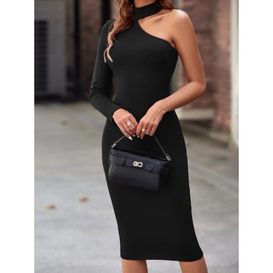 Kadın Tek Omuzdan Açık Uzun Kollu Balıkçı Yaka Midi Ithal Krep Elbise, 30503