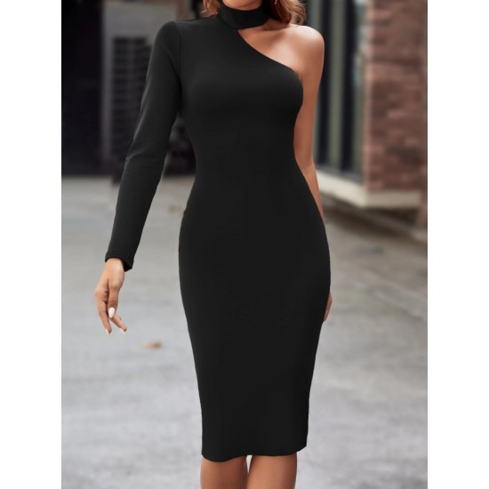 Kadın Tek Omuzdan Açık Uzun Kollu Balıkçı Yaka Midi Ithal Krep Elbise, 30503