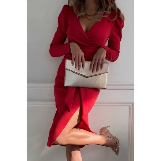 Kadın Uzun Kollu Kruvaze Yakalı Yandan Yırtmaçlı Belden Kuşaklı Midi Ithal Krep Elbise, 30514