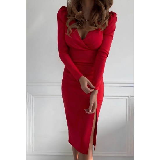 Kadın Uzun Kollu Kruvaze Yakalı Yandan Yırtmaçlı Belden Kuşaklı Midi Ithal Krep Elbise, 30514