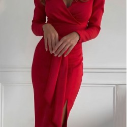 Kadın Uzun Kollu Kruvaze Yakalı Yandan Yırtmaçlı Belden Kuşaklı Midi Ithal Krep Elbise, 30514