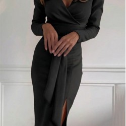 Kadın Uzun Kollu Kruvaze Yakalı Yandan Yırtmaçlı Belden Kuşaklı Midi Ithal Krep Elbise, 30512