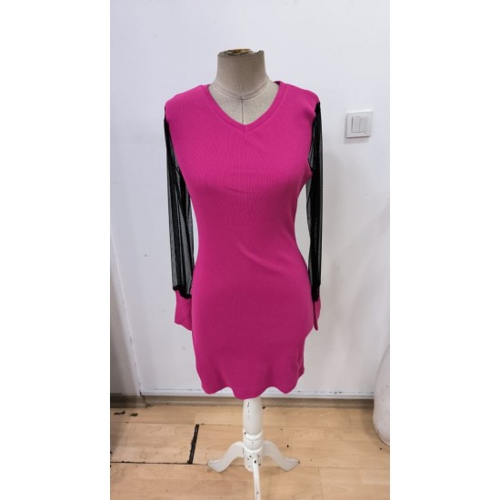 Kadın Uzun Kollu V Yakalı Tül Detaylı Mini Kaşkorse Elbise , 30511