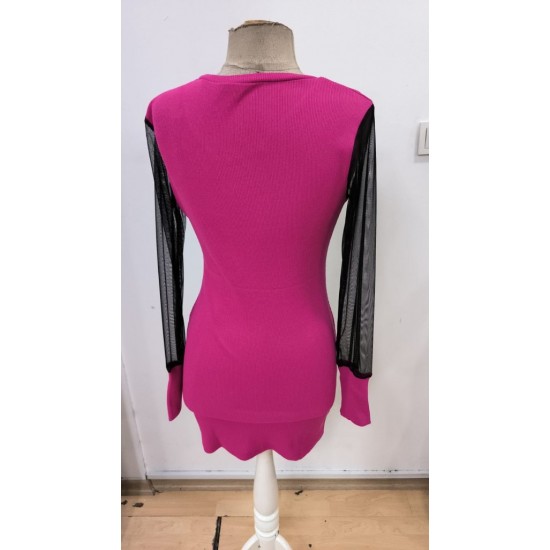 Kadın Uzun Kollu V Yakalı Tül Detaylı Mini Kaşkorse Elbise , 30511