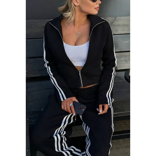 Kadın Uzun Kollu önden Fermuarlı Kısa Viskon Iki Iplik Bluz Ve Pantolon Ikili Takım , 30522