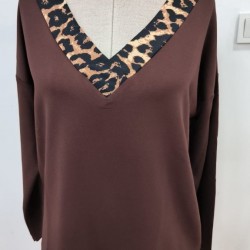 Kadın Uzun Kollu V Yakalı Leopar Detaylı Viskon Iki Iplik Bluz, 30519