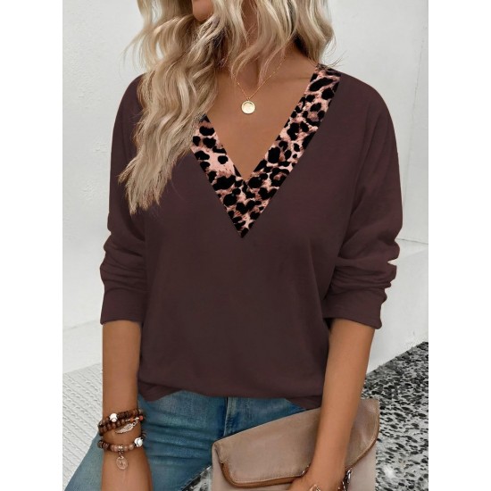 Kadın Uzun Kollu V Yakalı Leopar Detaylı Viskon Iki Iplik Bluz, 30519