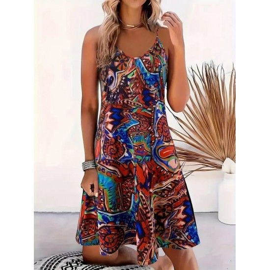 Kadın Ip Askılı V Yakalı Desenli Kısa Süprem Elbise , 26468