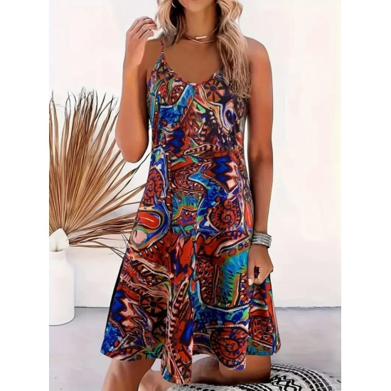 Kadın Ip Askılı V Yakalı Desenli Kısa Süprem Elbise , 26468