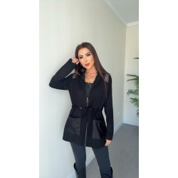 Kadın Uzun Kollu önü Fermuarlı File Detaylı Belden Bağcıklı Kısa Modal Ceket, 30527