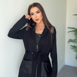 Kadın Uzun Kollu önü Fermuarlı File Detaylı Belden Bağcıklı Kısa Modal Ceket, 30527