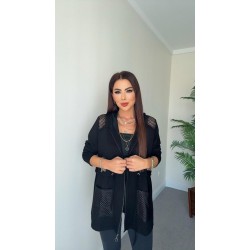 Kadın Uzun Kollu önü Fermuarlı File Detaylı Belden Bağcıklı Kısa Modal Ceket, 30527