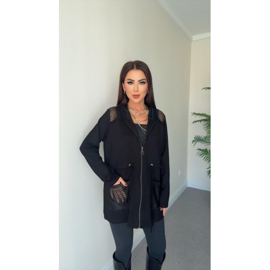 Kadın Uzun Kollu önü Fermuarlı File Detaylı Belden Bağcıklı Kısa Modal Ceket, 30527