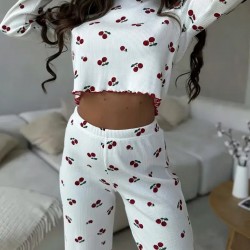 Kadın Uzun Kollu Bisiklet Yaka Desenli Burgu Bluz Ve Pijama Ikili Takım, 30526