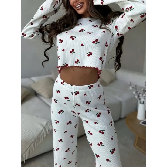 Kadın Uzun Kollu Bisiklet Yaka Desenli Burgu Bluz Ve Pijama Ikili Takım, 30526