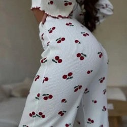 Kadın Uzun Kollu Bisiklet Yaka Desenli Burgu Bluz Ve Pijama Ikili Takım, 30526