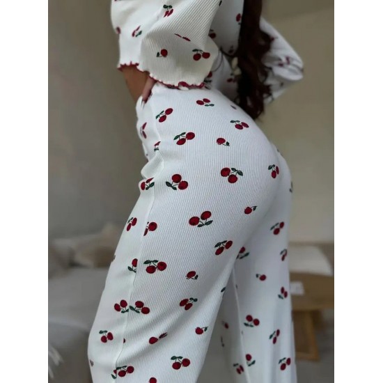 Kadın Uzun Kollu Bisiklet Yaka Desenli Burgu Bluz Ve Pijama Ikili Takım, 30526