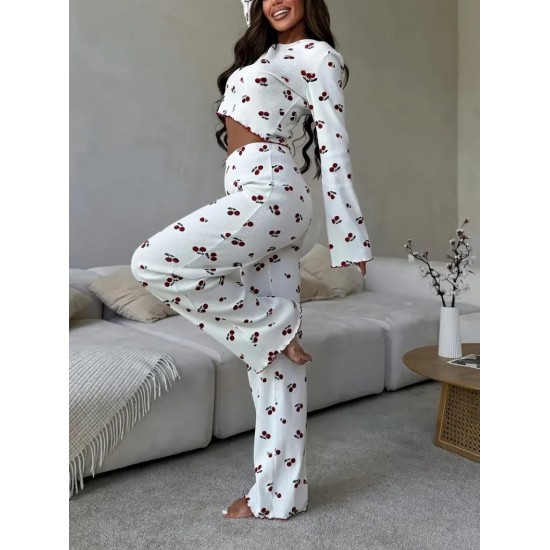 Kadın Uzun Kollu Bisiklet Yaka Desenli Burgu Bluz Ve Pijama Ikili Takım, 30526