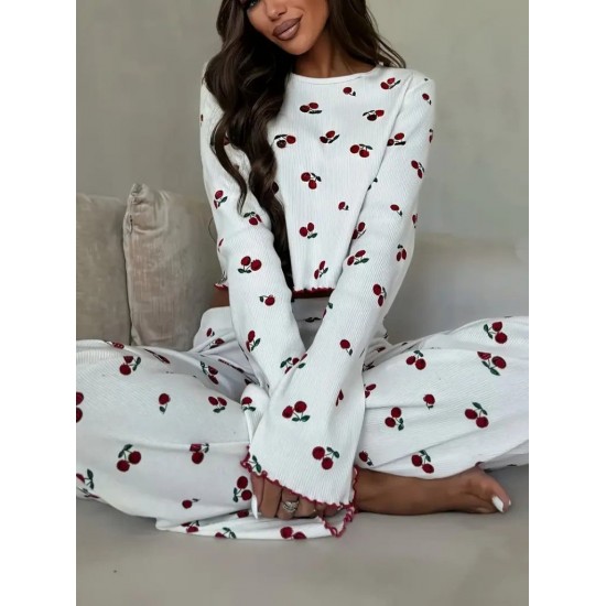 Kadın Uzun Kollu Bisiklet Yaka Desenli Burgu Bluz Ve Pijama Ikili Takım, 30526