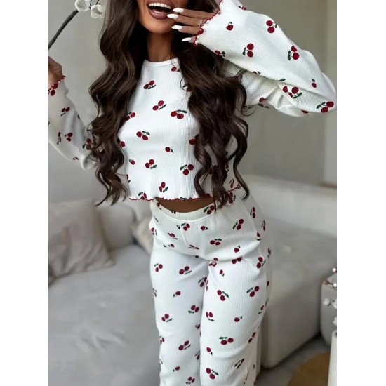 Kadın Uzun Kollu Bisiklet Yaka Desenli Burgu Bluz Ve Pijama Ikili Takım, 30526