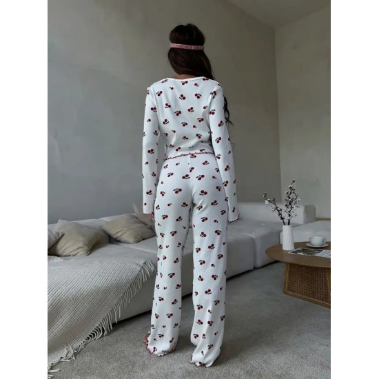 Kadın Uzun Kollu Bisiklet Yaka Desenli Burgu Bluz Ve Pijama Ikili Takım, 30526