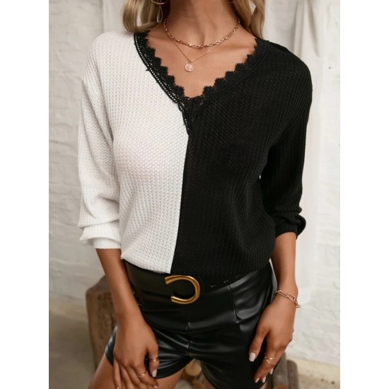 Kadın Uzun Kollu V Yakalı çift Renkli Triko Bluz, 30531