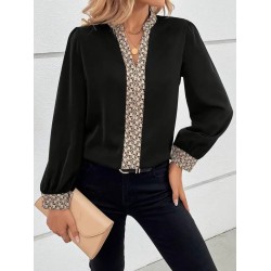 Kadın Uzun Kollu V Hakim Yakalı Desenli Ithal Krep Bluz, 30528