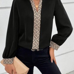 Kadın Uzun Kollu V Hakim Yakalı Desenli Ithal Krep Bluz, 30528