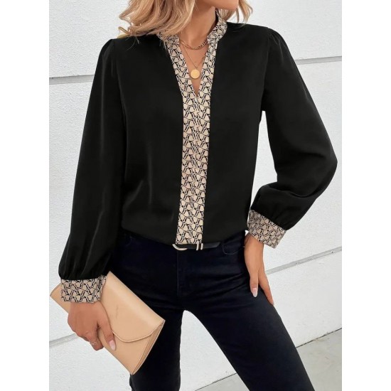 Kadın Uzun Kollu V Hakim Yakalı Desenli Ithal Krep Bluz, 30528