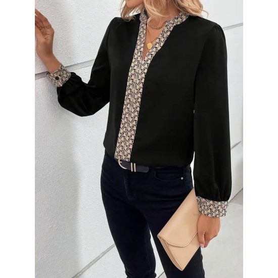 Kadın Uzun Kollu V Hakim Yakalı Desenli Ithal Krep Bluz, 30528