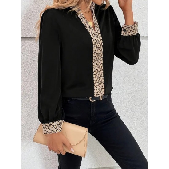 Kadın Uzun Kollu V Hakim Yakalı Desenli Ithal Krep Bluz, 30528