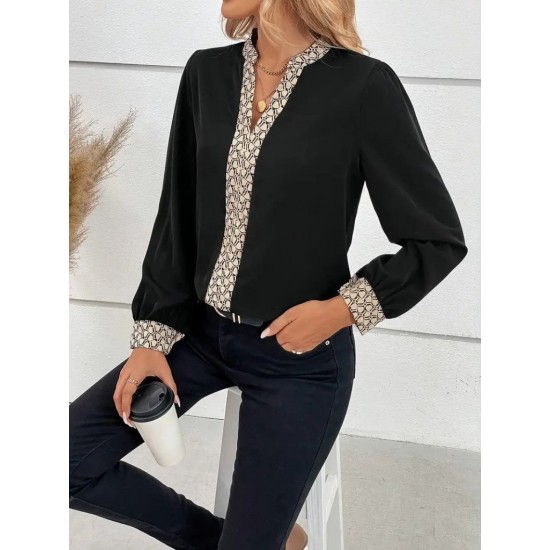 Kadın Uzun Kollu V Hakim Yakalı Desenli Ithal Krep Bluz, 30528