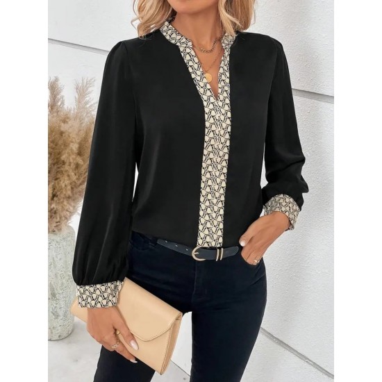 Kadın Uzun Kollu V Hakim Yakalı Desenli Ithal Krep Bluz, 30528