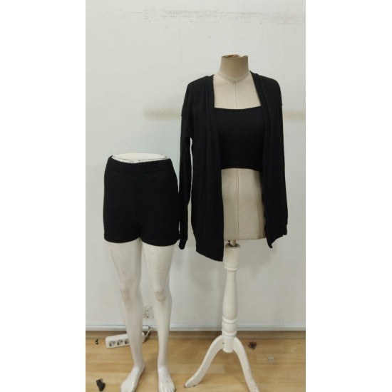 Kadın Uzun Kollu önü Açık şardonlu Kaşkorse Ceket Büstiyer Ve Short üçlü Takım, 30534